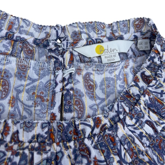 BODEN Babydoll Top Sz 14 Floral Ruched Panels Metallic Threads Boho Cottagecore - Picture 9 of 16